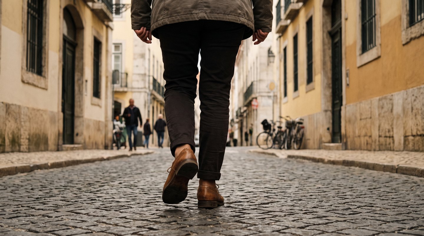 Pessoa a caminhar numa rua de calçada portuguesa